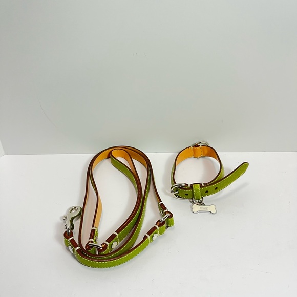 New! COACH Green Textured Leather Bone Charm DOG Collar & Leash HTF!